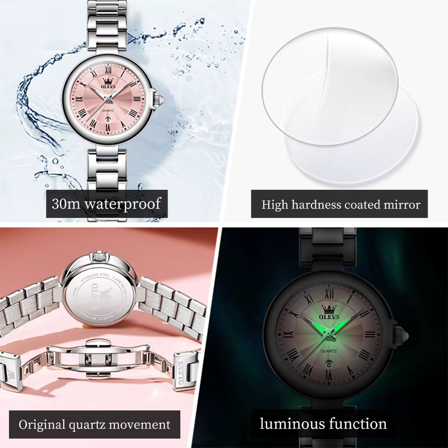 OLEVS Armbanduhr Damen, Quarz, Edelstahl, Roségold, Datum, Leuchtzeiger - Bild 3