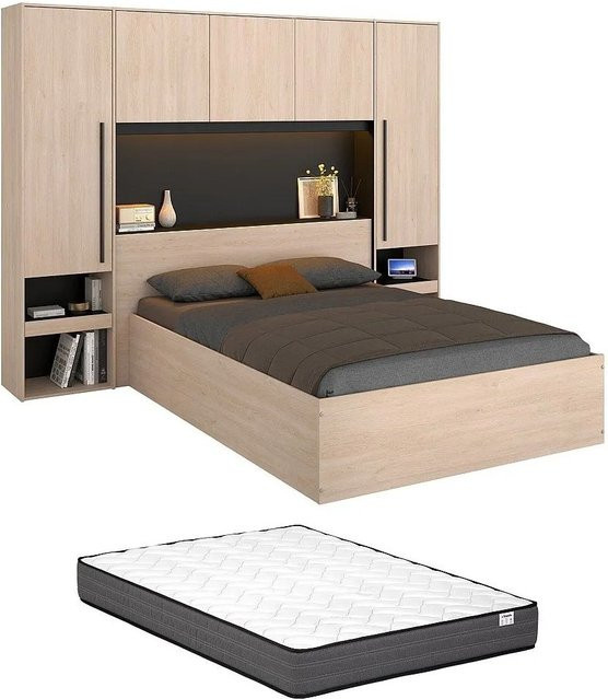 Velona Bett mit Bettkasten und Unterbettbeleuchtung in Schwarz und Natur, B/T: 140 x 190 cm, Gesamtlänge: 265,2 cm - Bild 1