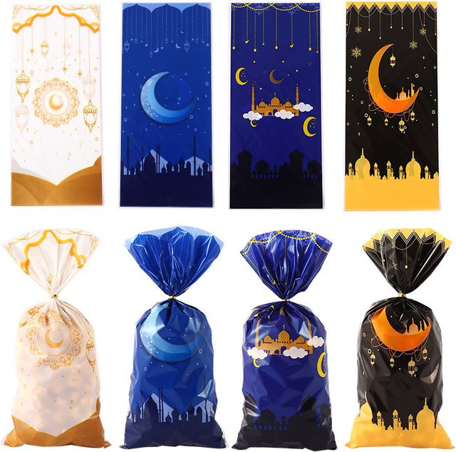 50 Stück Eid Al Adha Geschenktüten aus Kunststoff mit Mond, Stern und Schloss Muster für Ramadan Kareem Dekorationen und muslimische Partys - Bild 1