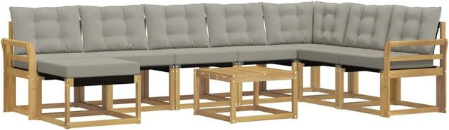 vidaXL Outdoor-Sofagarnitur 9-tlg. in L-Form aus Akazienholz mit Textilene und Kissen, Weiß-Hellgrau - Bild 1