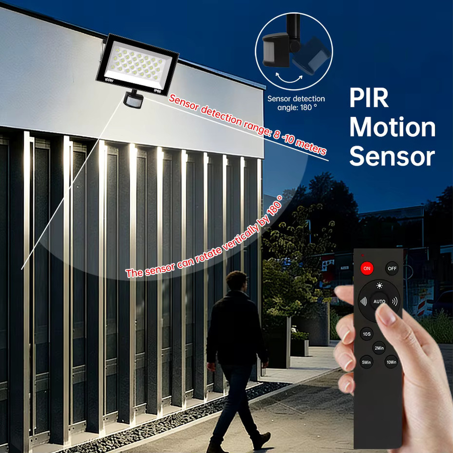Asign LED-Flutlicht mit PIR-Bewegungssensor und Fernbedienung, 30W-100W, 6500K Kaltweiß, IP66 wasserdichter Außenstrahler für Garten und Wand, Weiß - Bild 3