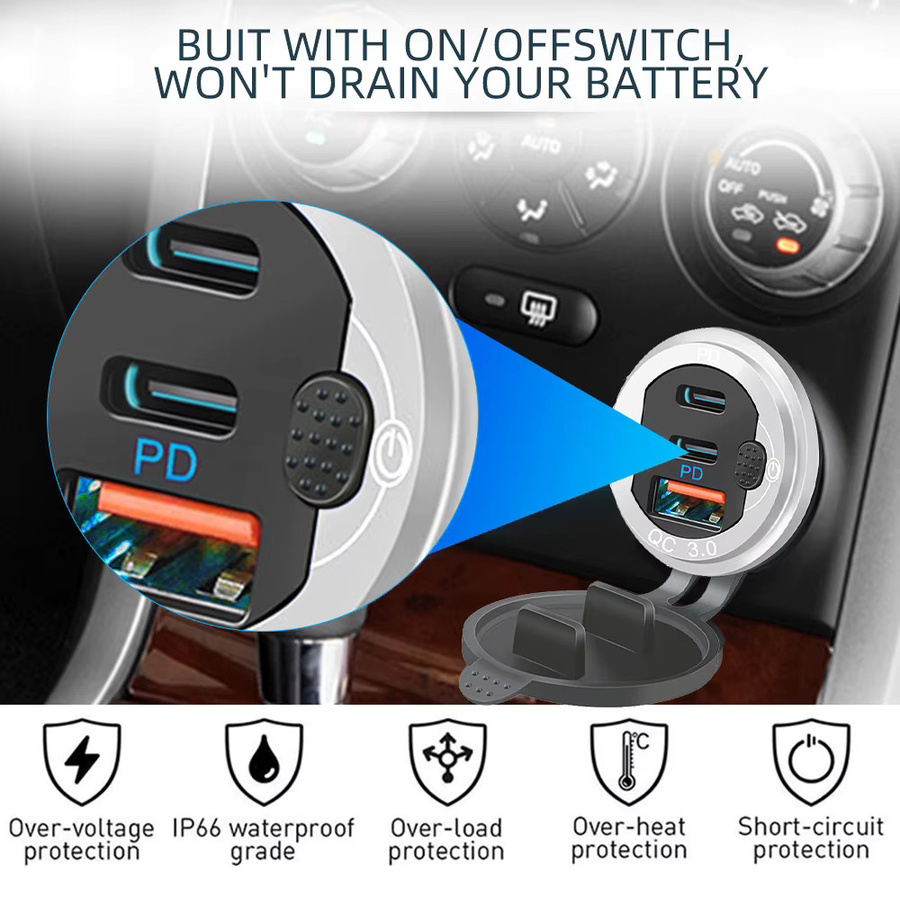 Kebidumei 12/24 V Autoladegerät mit 3 Ports, QC 3.0 und PD Typ C Schnellladegerät-Adapter aus Aluminium in Silber - Bild 3