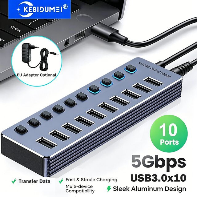 KEBIDUMEI USB 3.0 Hub mit 10 Ports, 5 Gbit/s Hochgeschwindigkeits-Typ-C-Splitter und unabhängigen Ein-/Ausschaltern, USB-Dockingstation für Laptops - Bild 1