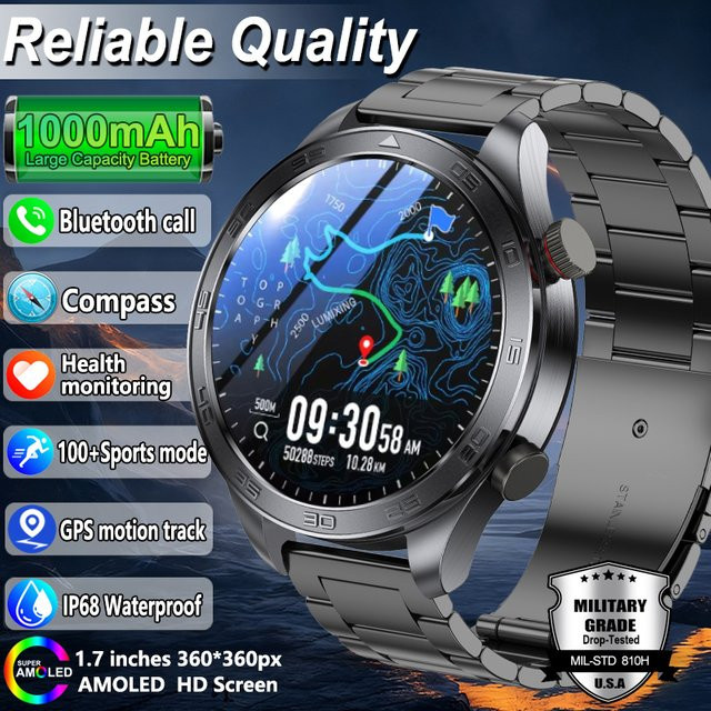 BOXUXING GPS-Tracking Smartwatch mit AMOLED-Bildschirm, Anruffunktion, Herzfrequenzmessung und IP68 Wasserdichtigkeit in Schwarz - Bild 1