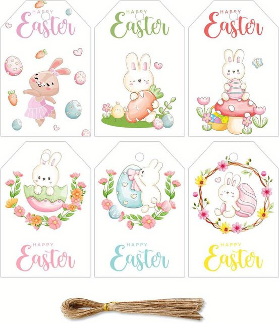 48er Set Ostern Papier Etiketten mit Kaninchen und Ei Motiven für deine DIY Geschenke Verpackung und Party Dekoration in Mehrfarbig - Bild 1