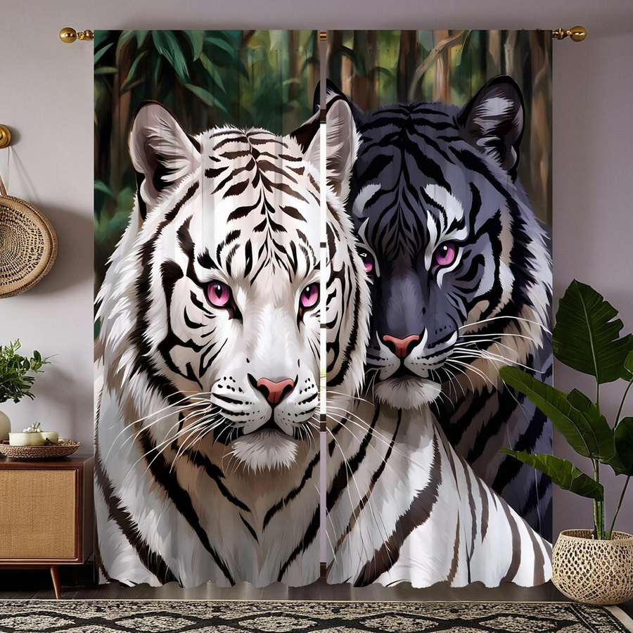 2er-Set dekorative Vorhänge mit sibirischem Tiger-Print in Weiß, halbtransparent, B: 132 cm, H: 160 cm - Bild 3
