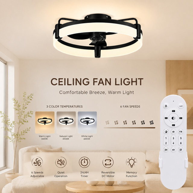 Aiopp Ultra-Leiser Deckenventilator mit Licht, Dimmbar, 6 Geschwindigkeiten, Timer und Reversibler DC-Motor, Flachmontierter Ventilator für Schlafzimmer und Küche, Weiß - Bild 1