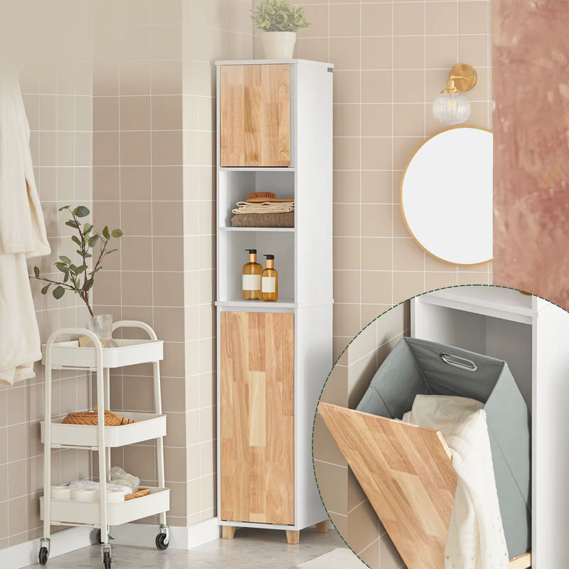 SoBuy Badezimmerschrank Weiß mit ausklappbaren Wäschesäcken und Regalfächern BZR74-W, H: 170 cm, B: 32 cm, T: 31 cm - Bild 4