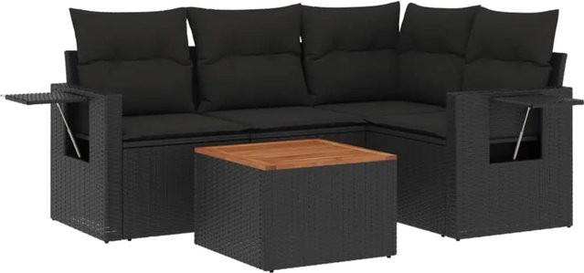 vidaXL 5-tlg Garten-Sofagarnitur mit Kissen aus schwarzem Poly-Rattan und Akazienholz - Bild 1
