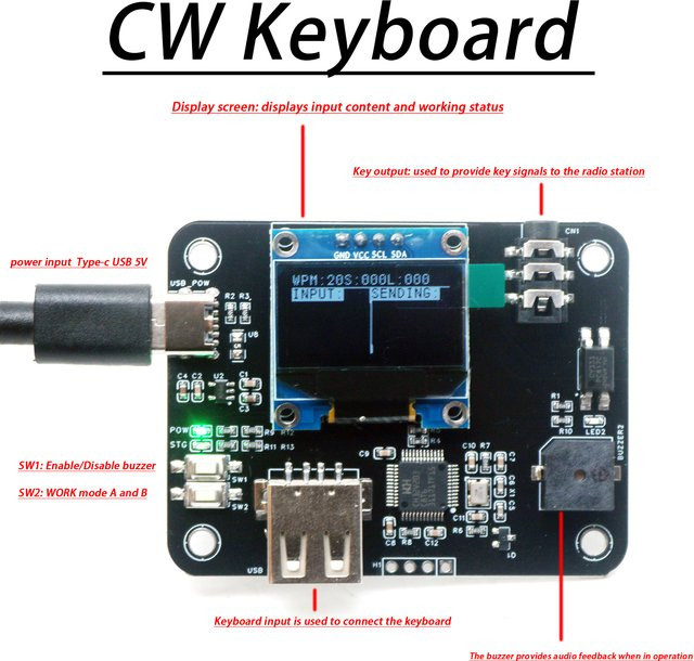 DYKBmetered Amateurfunk CW Übungs- und Übertragungstastatur mit OLED-Display und USB-C, elektronische Morsecode-Tastatur für das Training in Schwarz - Bild 1