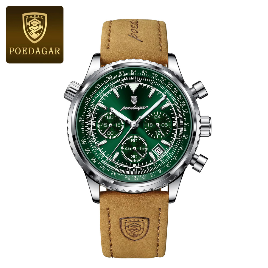 POEDAGAR Armbanduhr, Chronograph, Quarz, Leder, Grün, Herren - Bild 7