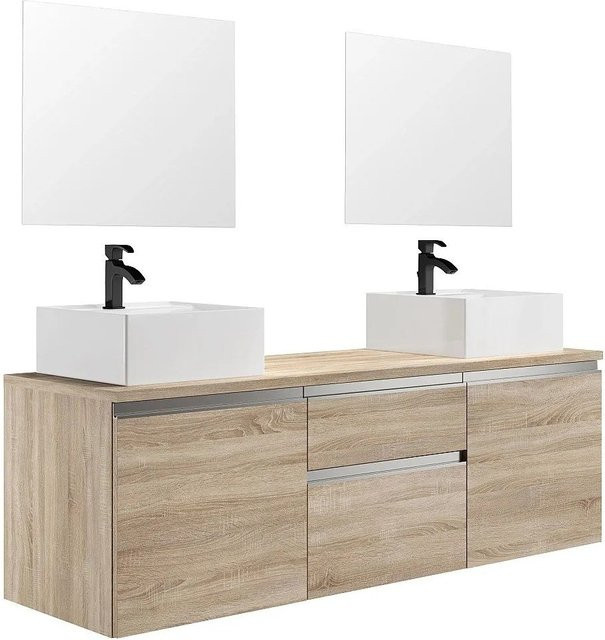 Vente-unique Doppelwaschtisch Jimena Wandmontiert in Eiche Natur, Beige/Braun, Breite: 150 cm - Bild 1