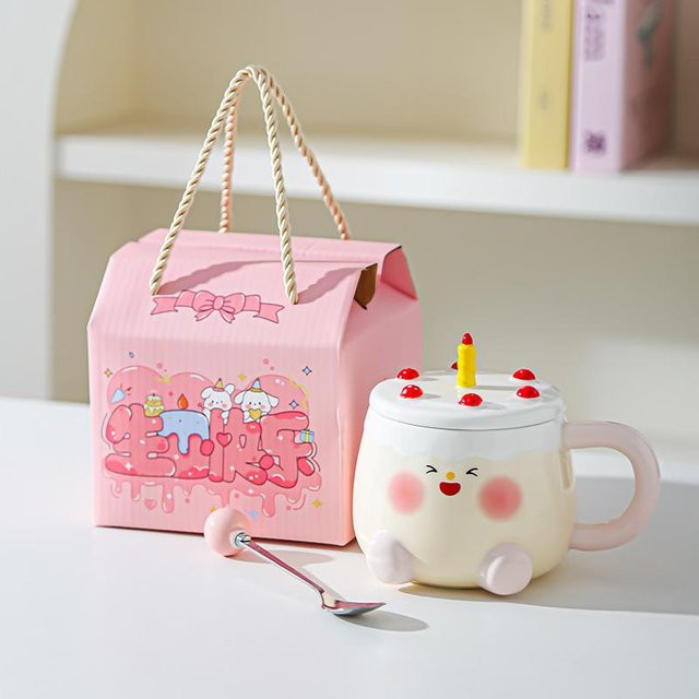 Yiran bag Keramiktasse mit Deckel im Cartoon-Design, 400 ml, Farben: Pink, Gelb, Braun, Weiß - Bild 1