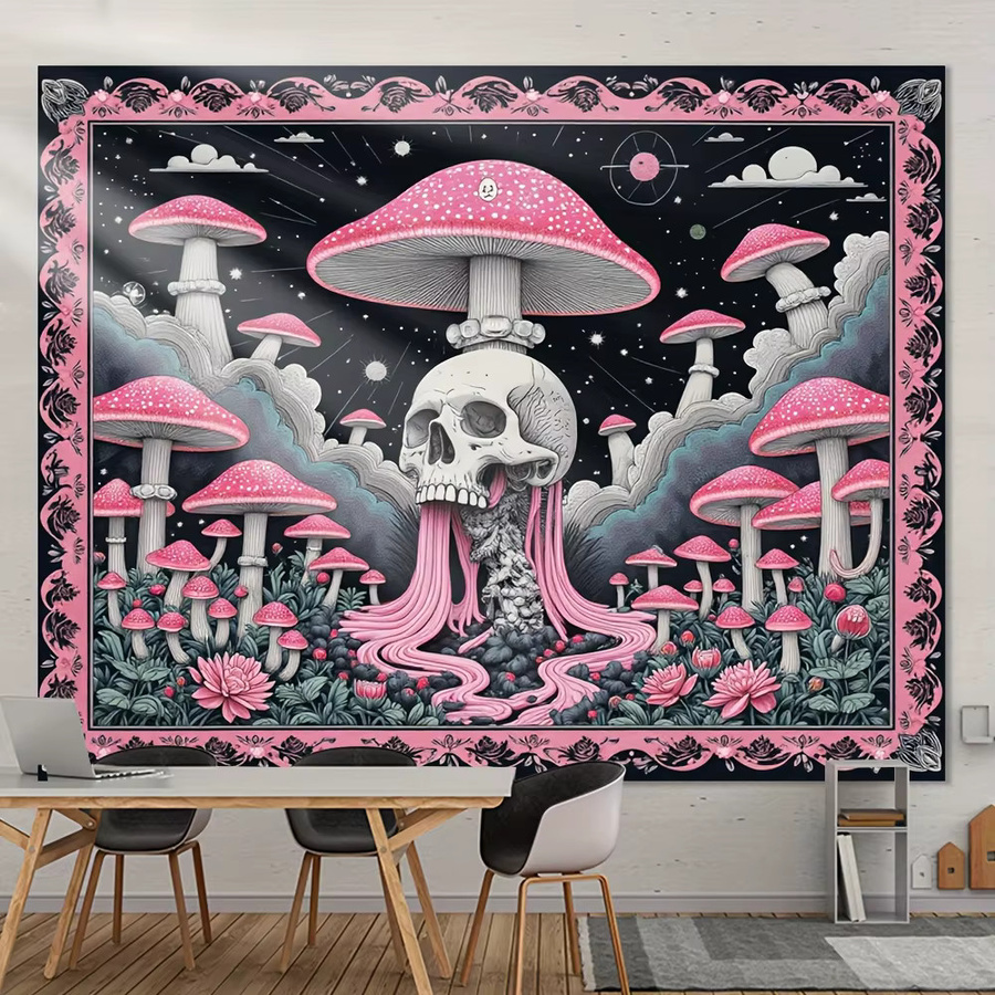 VIKAMA Dark Fantasy Wandteppich mit Skelett und Pilzen in Multicolour als dekorativer Wandbehang - Bild 2
