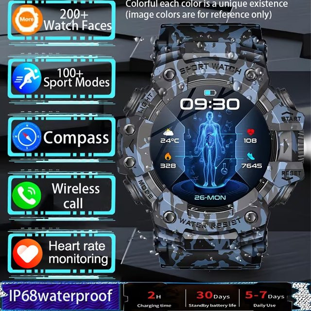 BOXUXING Militär Outdoor Smartwatch für Männer in Blau mit Bluetooth Anruffunktion, Herzfrequenzmessung, Kompass und IP68 Wasserdichtigkeit - Bild 1