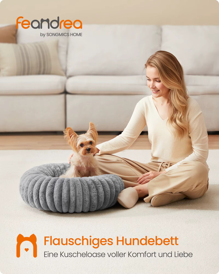 FEANDREA Hundebett und Katzenbett als Donut Kissen in Grau mit weicher Mikrofaser-Polsterung und rutschfester Unterseite - Bild 2