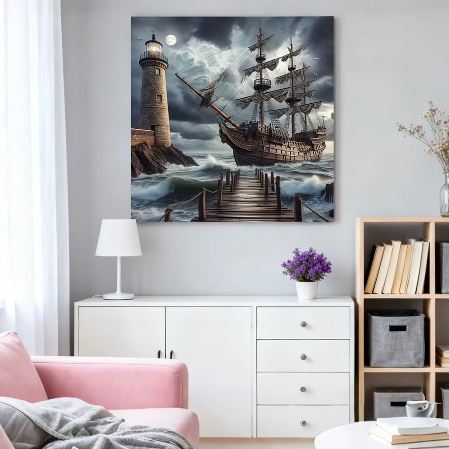 HUACAN Diamantmalerei Segelboot-Landschaft mit Meereswellen als handgefertigtes Mosaik-Set in Blau, Breite: 30 cm, Höhe: 30 cm - Bild 3