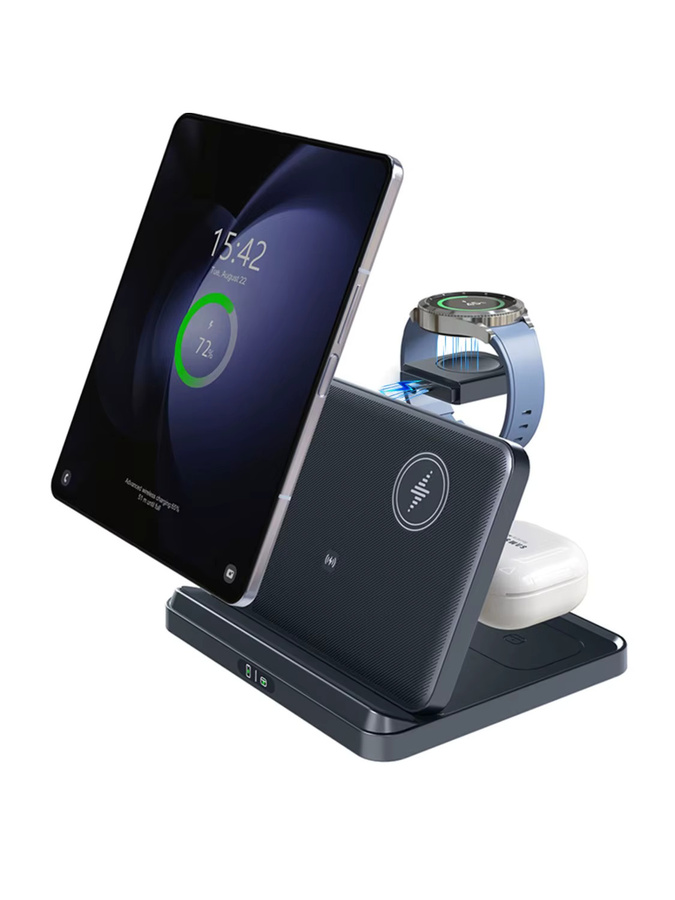VIKEFON 3-in-1 Faltbarer Kabelloser Ladeständer mit abnehmbarem Uhren-Ladegerät für Samsung Galaxy S26 S25, Galaxy Watch 7 und Buds Pro, Schnelle Ladestation, Schwarz - Bild 6