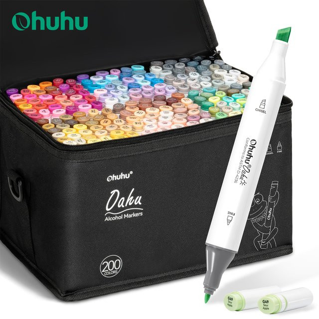 Ohuhu Oahu Alkohol-Marker Set mit 200 Farben, Doppelspitzen für Manga, Graffiti und Skizzen, Mehrfarbig - Bild 1
