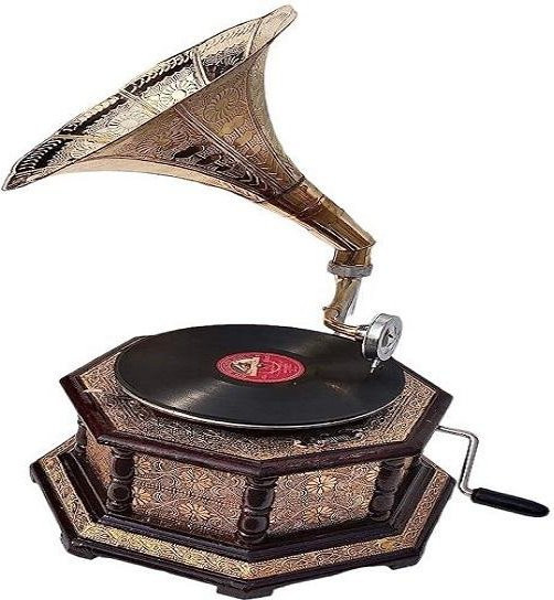 Karniproduction Vintage Schallplatten-Player in Gold mit floralem Design und Tischaufstellung aus Metall und Holz - Bild 1