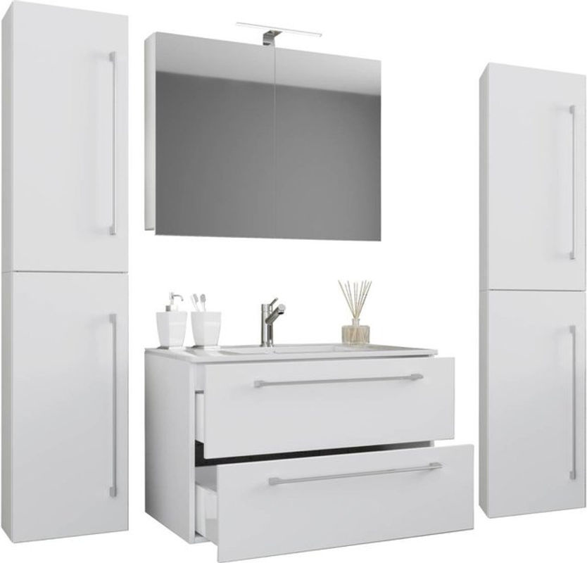 VCM Badinos 5-tlg. Badmöbel-Set in Weiss mit Waschtisch, Waschbecken, Unterschrank und Spiegelschrank, B/H/T: 80 x 150 x 46 cm - Bild 2
