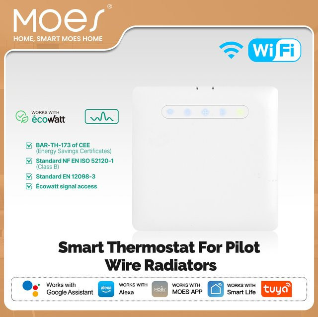 MOES WiFi Smart Thermostat für Heizkörper mit Pilotleitung, Ecowatt Energiemonitoring, App-Steuerung, kompatibel mit Alexa und Google Home, Weiß - Bild 1