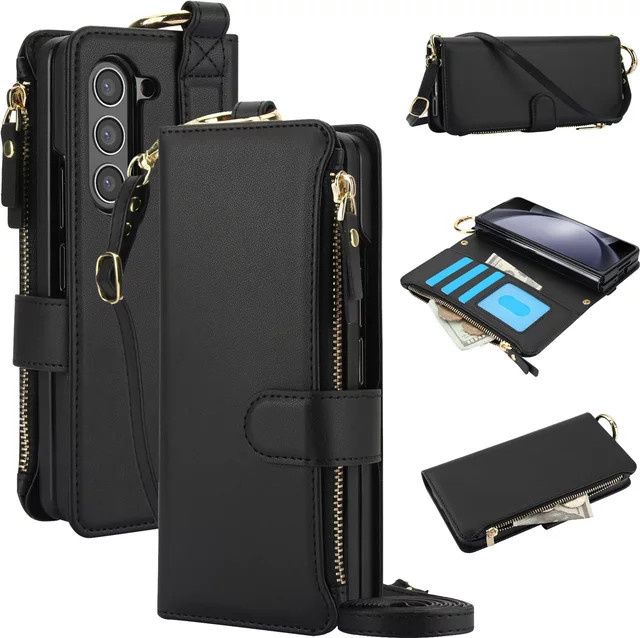 Leder-Handyhülle mit Reißverschluss und Kartenfach für Samsung Galaxy Z Fold 7, 6, 5, 4, 3 in Weiß mit Armband, Ringhalter und Ständer-Funktion - Bild 1