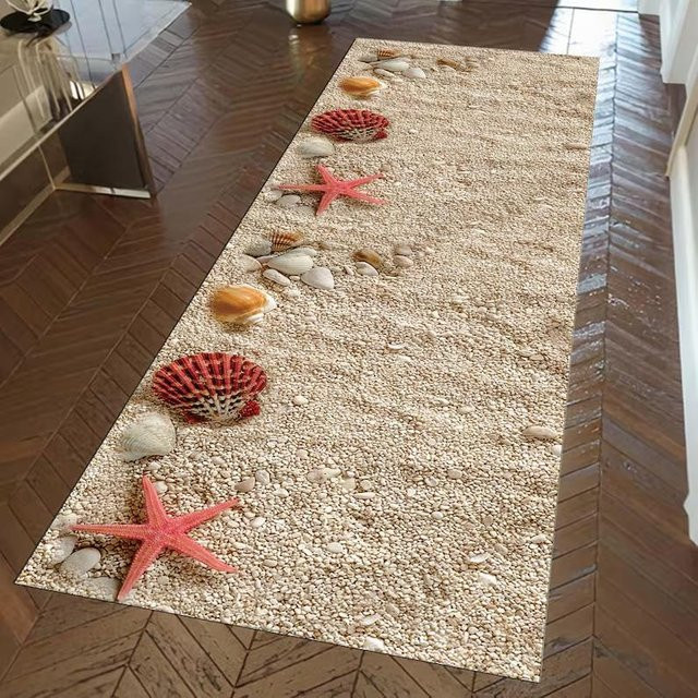 Küstenläufer Teppich mit Strandmotiv Seesterne und Muscheln in Nautischer Dekoration, rutschfest, B/T: 40 x 120 cm - Bild 1