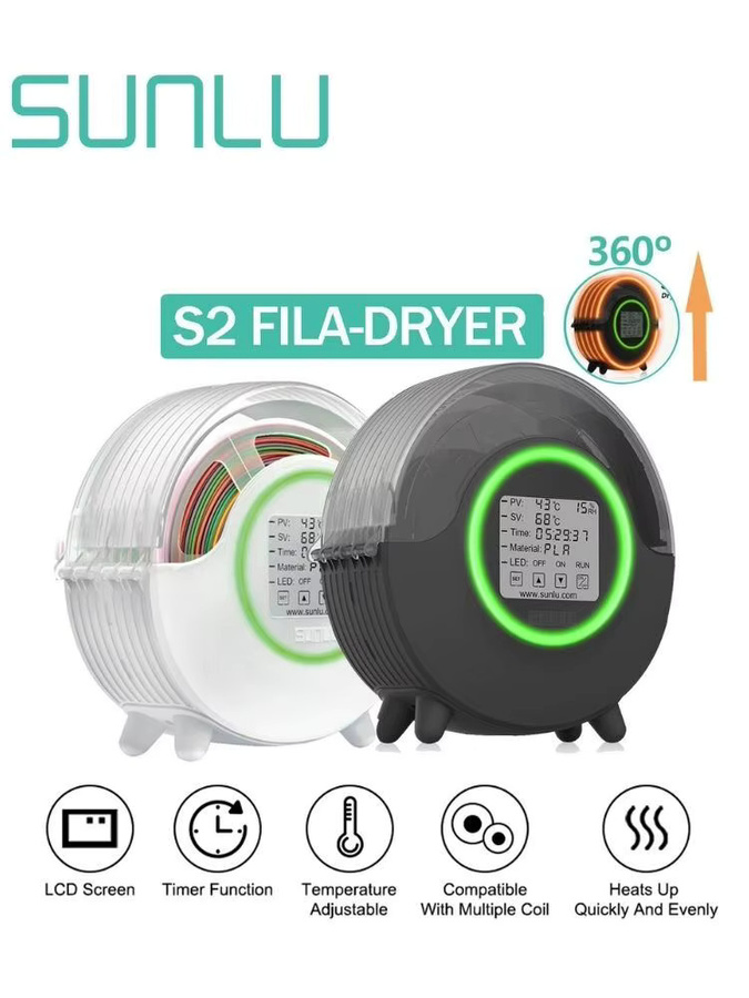 SUNLU S2 Filament-Trocknerbox in Schwarz mit 4,6-Zoll-LCD-Luftfeuchtigkeitsanzeige für PLA, ABS, PA und PC, geeignet für 1,75 mm bis 3,0 mm Filament - Bild 6