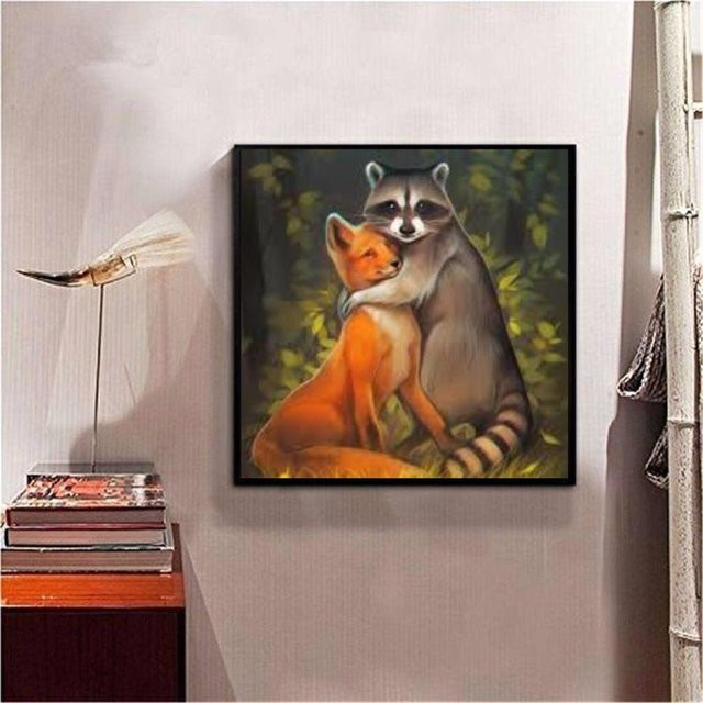 FIYO 5D-Diamant-Mosaik Set Fuchs und Waschbär in Schwarz und Multicolour, DIY Stickerei als Wanddekoration, Breite: 30 cm, Höhe: 30 cm - Bild 1