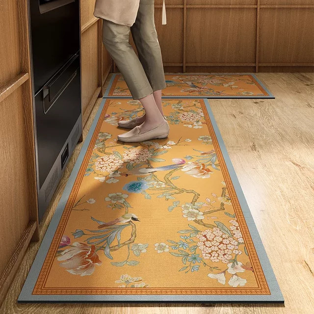 VIKAMA Küchenteppich im chinesischen Stil mit Blumen- und Vogelmuster, wasserdichter Ethno-Teppich in Multicolour - Bild 1
