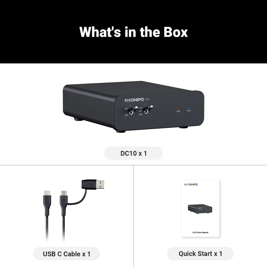 NEOHIPO DC10 Hi-Res USB DAC Decoder in Schwarz mit ES9028Q2M Chip, unterstützt DSD256/768kHz, 116dB SNR, USB, Koaxial und Optischer Eingang zu RCA-Ausgang - Bild 5