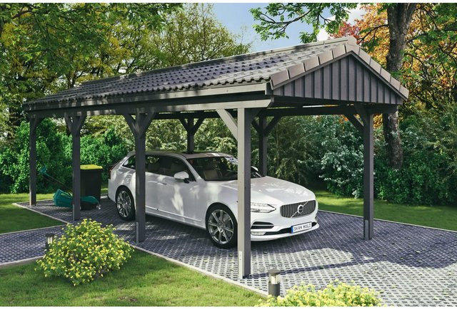 Skan Holz Carport Fichtelberg aus Fichte Leimholz in Grau mit spitzer Dachform und Dachziegeln, Breite: 317 cm, Höhe: 303 cm - Bild 1