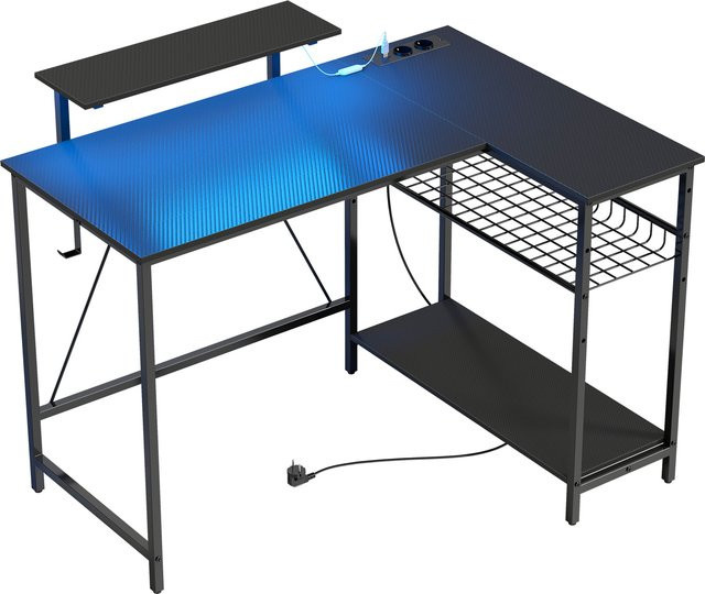 HOMCOM Reversibler L-Gaming-Schreibtisch mit LED, Eck-Schreibtisch mit Steckdosen, Monitorhalterung und verstellbaren Netzregalen, Schwarz, B/T: 114,5 x 82 cm - Bild 1