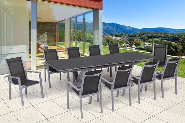 OUTFLEXX Garten-Essgruppe in Silber mit modernem Tisch und 10 Stapelsesseln aus Aluminium, Keramik und Textil - Bild 1