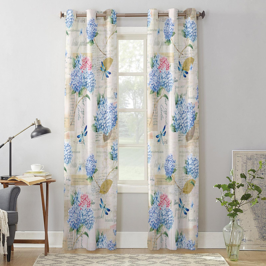 Super Six Vorhang mit Frühlingshortensienblüte und Libelle im Vintage-Design, halbtransparent, Multicolour, Breite: 135 cm, Höhe: 60 cm - Bild 1