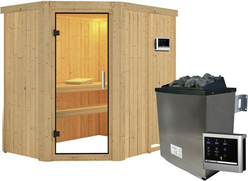 Karibu Sauna Vijandi in Beige mit 9 kW Saunaofen und externer Steuerung für 3 Personen, Fichte - Bild 1