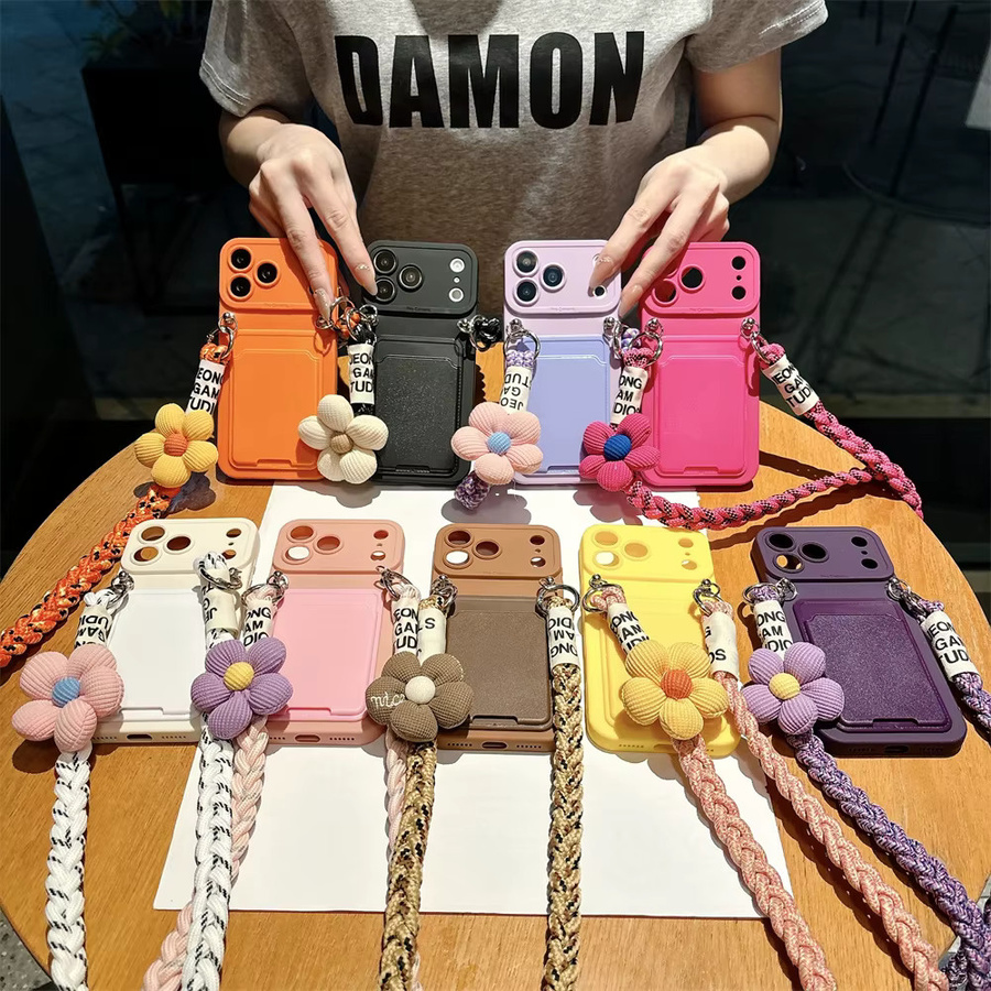 lolozzx Silikon Handyhülle mit Crossbody-Lanyard und Blumenriemen sowie Kartenhalter für iPhone, Farbe: Braun - Bild 2