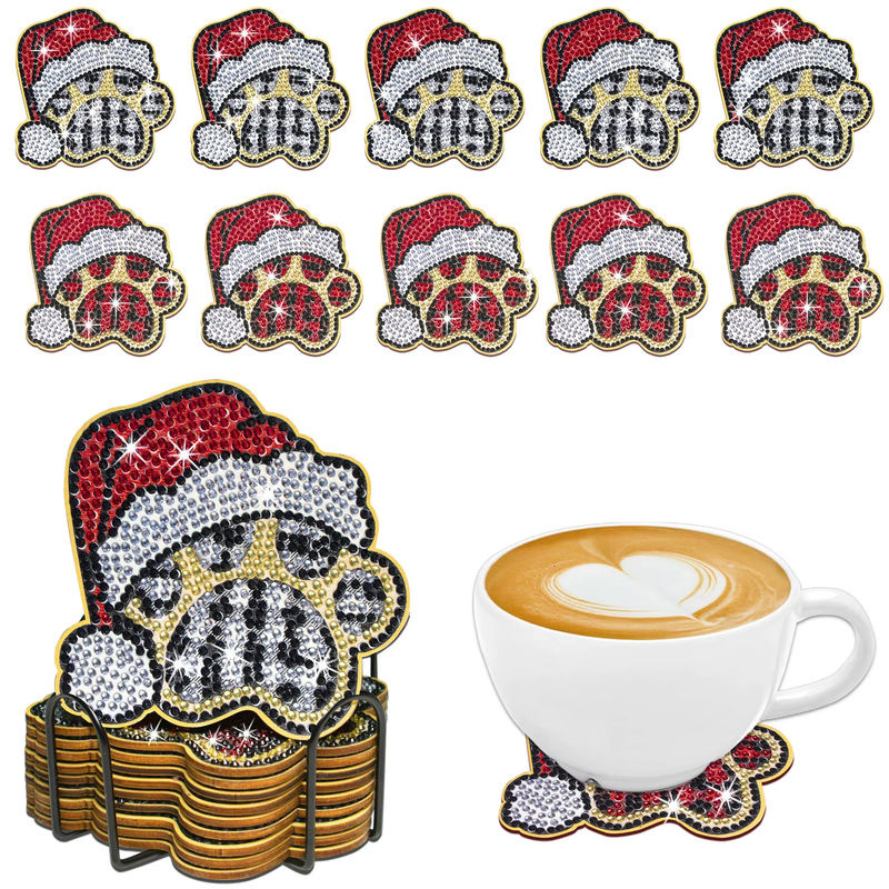 10er Set DIY Diamond Painting Untersetzer mit Halter im Weihnachts-Design und Tierpfoten-Motiv, mehrfarbig - Bild 7