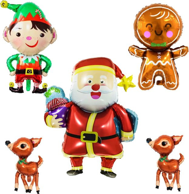 5er Set Weihnachts Luftballons mit Santa Claus, Elf, Elch und Lebkuchenmann Motiven in Multicolor für deine Weihnachtsdeko und Party - Bild 1