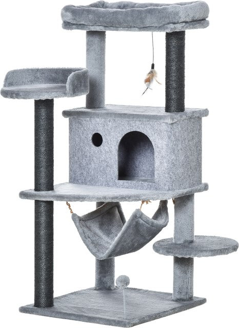 PawHut Kratzbaum für Katzen in Grau mit Häuschen, Hängematte, 4 Plattformen und Spielzeug, B/T/H: 48 x 48 x 107 cm - Bild 1