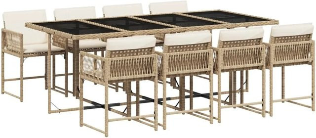 vidaXL 9-tlg Garten-Essgruppe aus Poly-Rattan mit Kissen und Hartglastisch in Beige - Bild 1