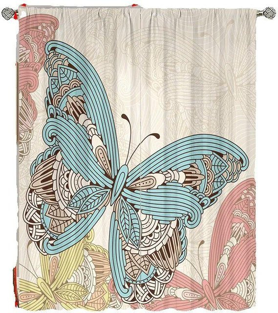 2er-Set Schmetterling Vorhang aus Polyester in Beige mit Naturmotiv, halbtransparent, B: 60 cm, H: 150 cm - Bild 1