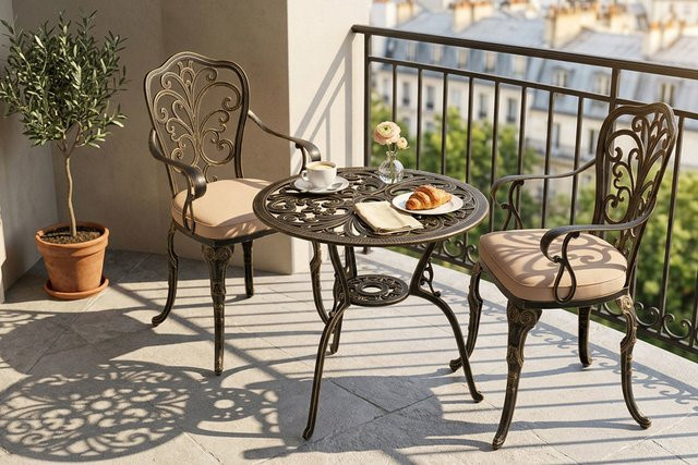 OUTFLEXX Cambridge Balkon-Set mit 2 Stühlen und Tisch in Bronze/Khaki aus Gussaluminium und Polyester inklusive Kissen, Tisch Durchmesser: 60 cm - Bild 1