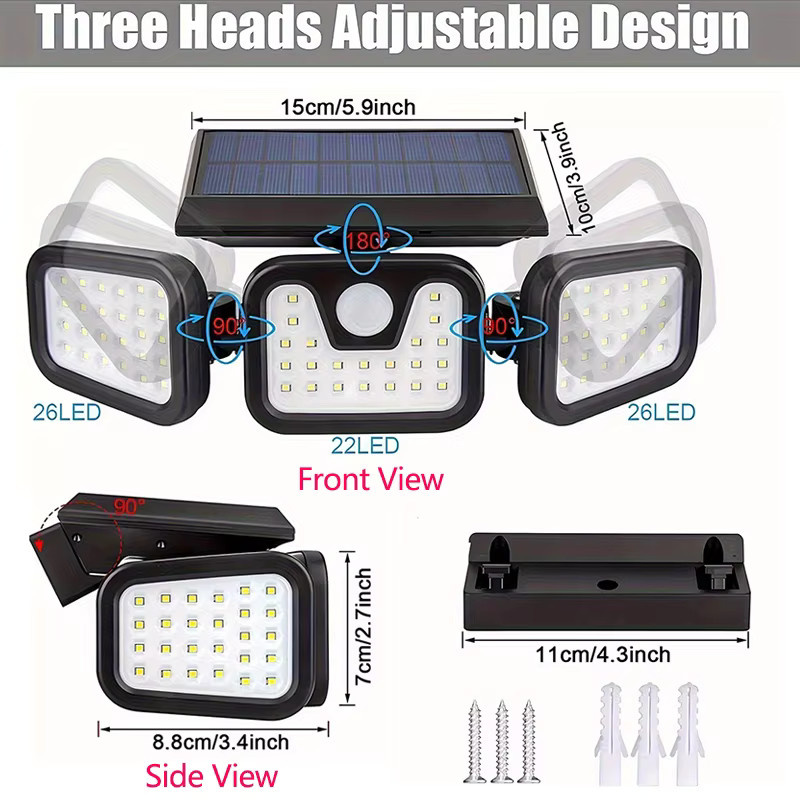 DOUWENXI Solarleuchte mit 74 LED und 3 Köpfen, Bewegungssensor-Wandlampe mit einstellbarer Helligkeit für Außenbereiche wie Haustür, Garage oder Hof - Bild 4
