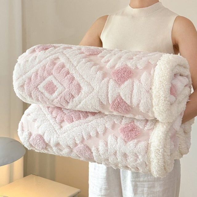 Warme Jacquard-Fleecedecke mit geometrischem Muster in Pink, doppellagig und flauschig für Herbst und Winter, B/T: 150 x 100 cm - Bild 1