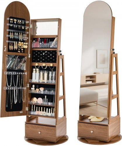 VEVOR Schmuckschrank mit Ganzkörperspiegel, 360 Grad drehbarer Schmuckaufbewahrungsschrank mit Schubladen und Regalfächern, abschließbarer Schmuckorganizer aus MDF, Höhe: 165,5 cm - Bild 1