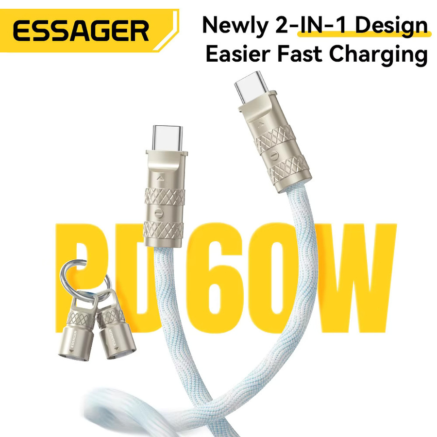 Essager 2 in 1 USB-C auf USB-C Schnellladekabel mit Lanyard, 60 W PD-Datenkabel, Schwarz - Bild 2