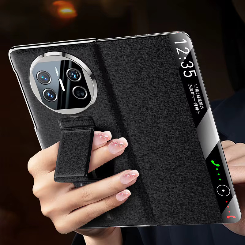 LANGSIDI Smart Flip Case aus echtem Rindsleder für Huawei Mate X6 X5 X3 mit magnetischer Handgelenkschlaufe und Ständerfunktion in Schwarz oder Rot - Bild 1