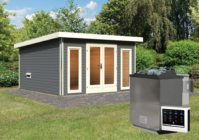 Saunahaus MAINBURG 3 mit Vorraum in Terragrau inklusive BioKombiofen 9.0 kW Steuergerät Set A und 2 Liegen B/T/H: 369 x 369 cm, Liegen: 200 x 170 cm - Bild 1